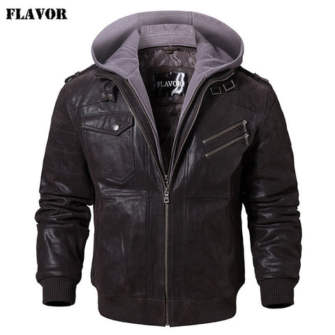 Men's Real Leather Jacket Men Motorcycle Removable Hood winter coat Men Warm Genuine Leather Jackets - RELEVAZA