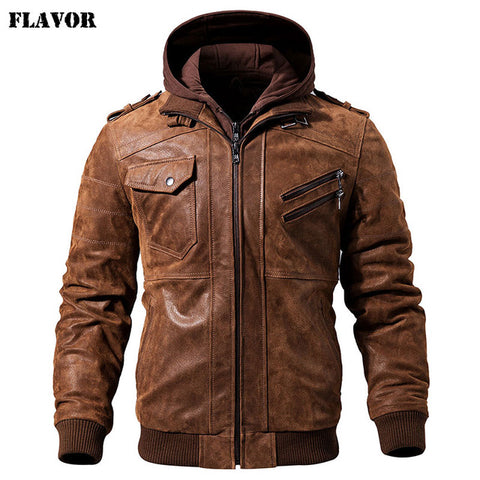 Men's Real Leather Jacket Men Motorcycle Removable Hood winter coat Men Warm Genuine Leather Jackets - RELEVAZA