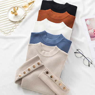 Autumn Women Long Sleeve Pure Slim Sweater Winter Knitted Turtleneck Casual Cashmere Pullover Metal Buttons Split Cuff Basic Top - RELEVAZA