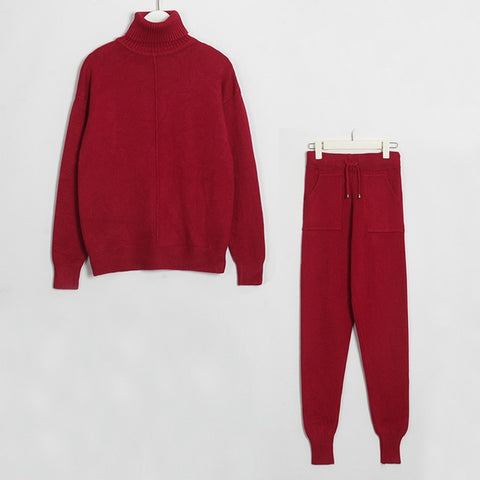 Wixra Women's Sweater Suits and Sets Turtleneck Long Sleeve Knitted Sweaters+Pockets Long Trousers 2PCS Sets Winter Costume - RELEVAZA