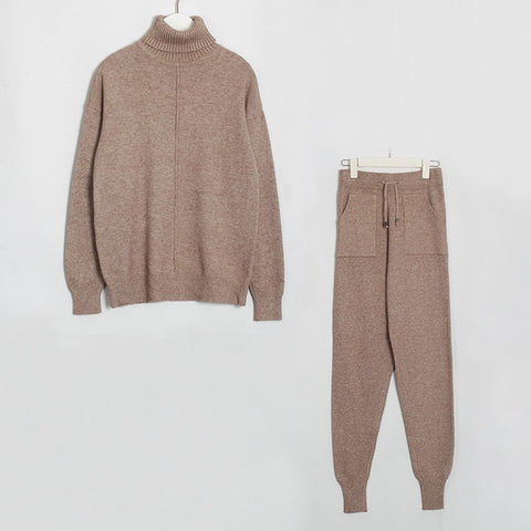 Wixra Women's Sweater Suits and Sets Turtleneck Long Sleeve Knitted Sweaters+Pockets Long Trousers 2PCS Sets Winter Costume - RELEVAZA