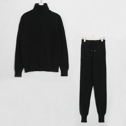 Wixra Women's Sweater Suits and Sets Turtleneck Long Sleeve Knitted Sweaters+Pockets Long Trousers 2PCS Sets Winter Costume - RELEVAZA