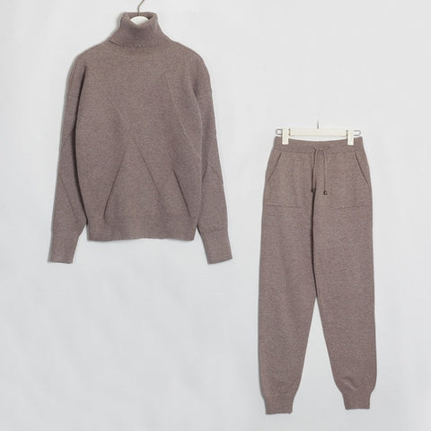 Wixra Autumn Winter Casual Knitted Women's Sets Turtleneck Long Sleeve Sweaters Lace-up Pants Solid Sets For Ladies - RELEVAZA