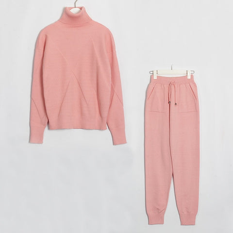 Wixra Autumn Winter Casual Knitted Women's Sets Turtleneck Long Sleeve Sweaters Lace-up Pants Solid Sets For Ladies - RELEVAZA