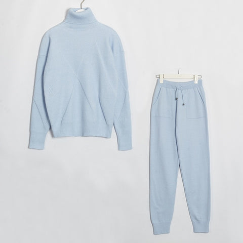 Wixra Autumn Winter Casual Knitted Women's Sets Turtleneck Long Sleeve Sweaters Lace-up Pants Solid Sets For Ladies - RELEVAZA