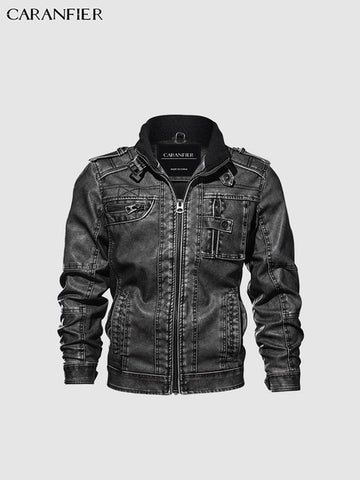 CARANFIER Mens Leather Jackets Motorcycle Stand Collar Zipper Pockets Male US Size PU Coats Biker Faux Leather Fashion Outerwear - RELEVAZA