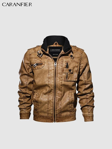 CARANFIER Mens Leather Jackets Motorcycle Stand Collar Zipper Pockets Male US Size PU Coats Biker Faux Leather Fashion Outerwear - RELEVAZA