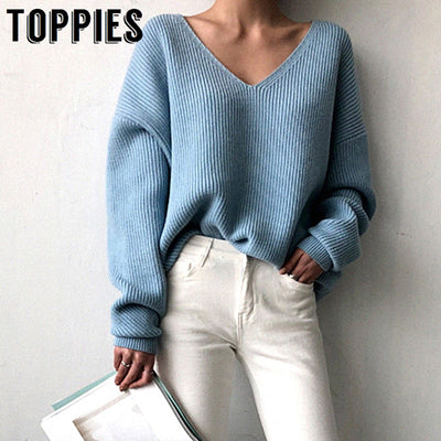 2019 Winter Ovreiszed Sweater Women V Neck Black White Sweater Irregular Hen Knitted Tops - RELEVAZA