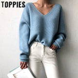 2019 Winter Ovreiszed Sweater Women V Neck Black White Sweater Irregular Hen Knitted Tops - RELEVAZA