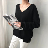 2019 Winter Ovreiszed Sweater Women V Neck Black White Sweater Irregular Hen Knitted Tops - RELEVAZA