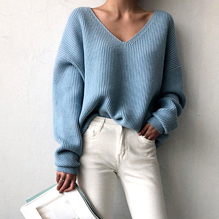 2019 Winter Ovreiszed Sweater Women V Neck Black White Sweater Irregular Hen Knitted Tops - RELEVAZA