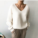 2019 Winter Ovreiszed Sweater Women V Neck Black White Sweater Irregular Hen Knitted Tops - RELEVAZA