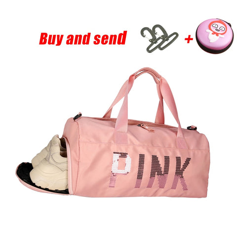 The latest design sequins PINK letter fitness bag dry and wet separation sports bag shoulder Messenger bag couple handbag travel - RELEVAZA