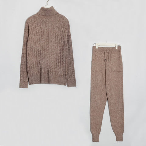 Wixra Knitted Women Sweater Sets Turtleneck Long Sleeve Sweaters Tops+Pockets Long Pants Solid 2 Pieces Suits Winter Costume - RELEVAZA