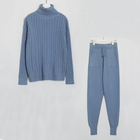 Wixra Knitted Women Sweater Sets Turtleneck Long Sleeve Sweaters Tops+Pockets Long Pants Solid 2 Pieces Suits Winter Costume - RELEVAZA