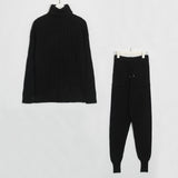 Wixra Knitted Women Sweater Sets Turtleneck Long Sleeve Sweaters Tops+Pockets Long Pants Solid 2 Pieces Suits Winter Costume - RELEVAZA