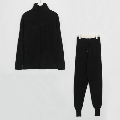 Wixra Knitted Women Sweater Sets Turtleneck Long Sleeve Sweaters Tops+Pockets Long Pants Solid 2 Pieces Suits Winter Costume - RELEVAZA