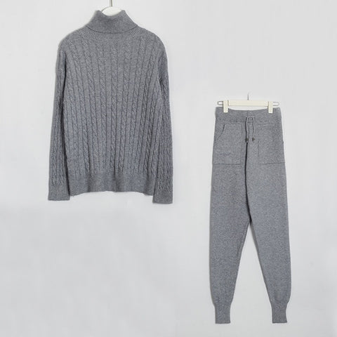Wixra Knitted Women Sweater Sets Turtleneck Long Sleeve Sweaters Tops+Pockets Long Pants Solid 2 Pieces Suits Winter Costume - RELEVAZA