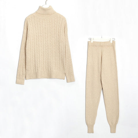 Wixra Knitted Women Sweater Sets Turtleneck Long Sleeve Sweaters Tops+Pockets Long Pants Solid 2 Pieces Suits Winter Costume - RELEVAZA