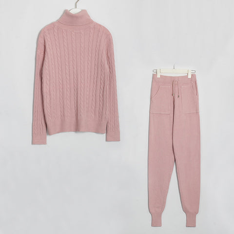 Wixra Knitted Women Sweater Sets Turtleneck Long Sleeve Sweaters Tops+Pockets Long Pants Solid 2 Pieces Suits Winter Costume - RELEVAZA