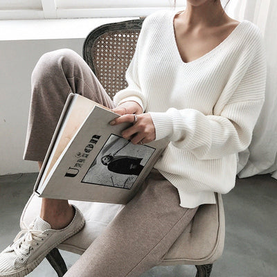 Womens Sweaters 2019 Autumn Winter Casual V Neck Women Pullover Sweater Solid Long Sleeve Fashion Loose Knitted Cashmere Top - RELEVAZA