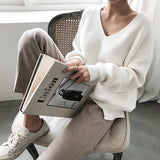 Womens Sweaters 2019 Autumn Winter Casual V Neck Women Pullover Sweater Solid Long Sleeve Fashion Loose Knitted Cashmere Top - RELEVAZA