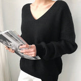 Womens Sweaters 2019 Autumn Winter Casual V Neck Women Pullover Sweater Solid Long Sleeve Fashion Loose Knitted Cashmere Top - RELEVAZA