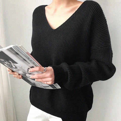 Womens Sweaters 2019 Autumn Winter Casual V Neck Women Pullover Sweater Solid Long Sleeve Fashion Loose Knitted Cashmere Top - RELEVAZA