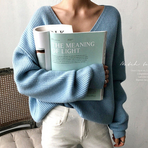 Womens Sweaters 2019 Autumn Winter Casual V Neck Women Pullover Sweater Solid Long Sleeve Fashion Loose Knitted Cashmere Top - RELEVAZA