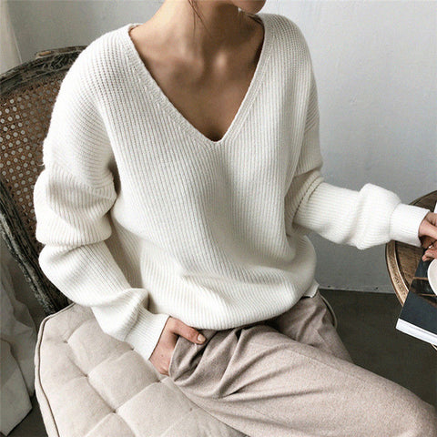 Womens Sweaters 2019 Autumn Winter Casual V Neck Women Pullover Sweater Solid Long Sleeve Fashion Loose Knitted Cashmere Top - RELEVAZA