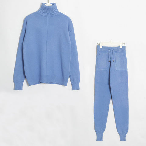 Wixra Women's Sweater Suits and Sets Turtleneck Long Sleeve Knitted Sweaters+Pockets Long Trousers 2PCS Sets Winter Costume - RELEVAZA