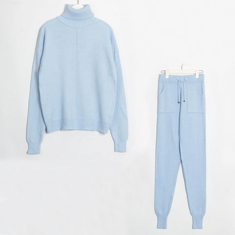 Wixra Women's Sweater Suits and Sets Turtleneck Long Sleeve Knitted Sweaters+Pockets Long Trousers 2PCS Sets Winter Costume - RELEVAZA