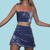 InstaHot Velvet Crop Top Skirts 2 Piece Set Women 2019 Summer Spaghetti Strap Tube Top Split Mini Skirt Fashion Female Sets Sexy - RELEVAZA