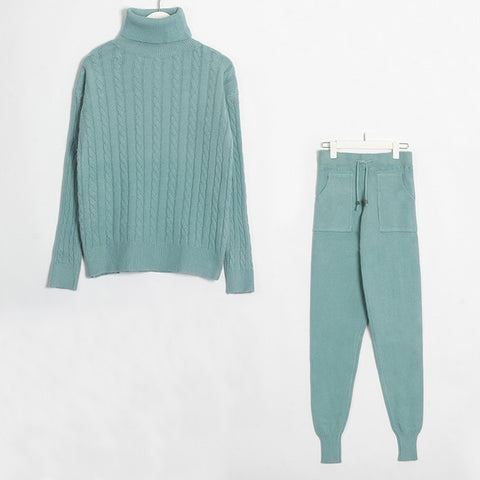 Wixra Knitted Women Sweater Sets Turtleneck Long Sleeve Sweaters Tops+Pockets Long Pants Solid 2 Pieces Suits Winter Costume - RELEVAZA