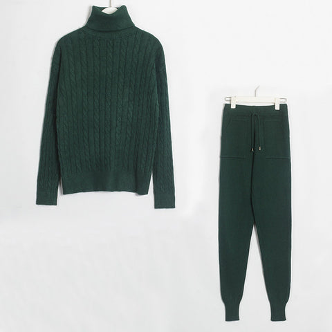 Wixra Knitted Women Sweater Sets Turtleneck Long Sleeve Sweaters Tops+Pockets Long Pants Solid 2 Pieces Suits Winter Costume - RELEVAZA
