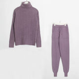 Wixra Knitted Women Sweater Sets Turtleneck Long Sleeve Sweaters Tops+Pockets Long Pants Solid 2 Pieces Suits Winter Costume - RELEVAZA