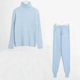 Wixra Knitted Women Sweater Sets Turtleneck Long Sleeve Sweaters Tops+Pockets Long Pants Solid 2 Pieces Suits Winter Costume - RELEVAZA