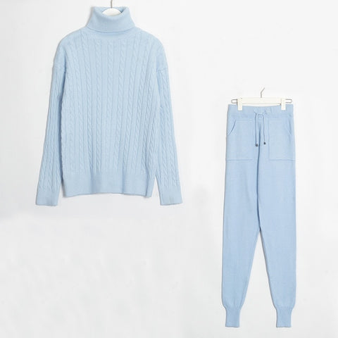 Wixra Knitted Women Sweater Sets Turtleneck Long Sleeve Sweaters Tops+Pockets Long Pants Solid 2 Pieces Suits Winter Costume - RELEVAZA