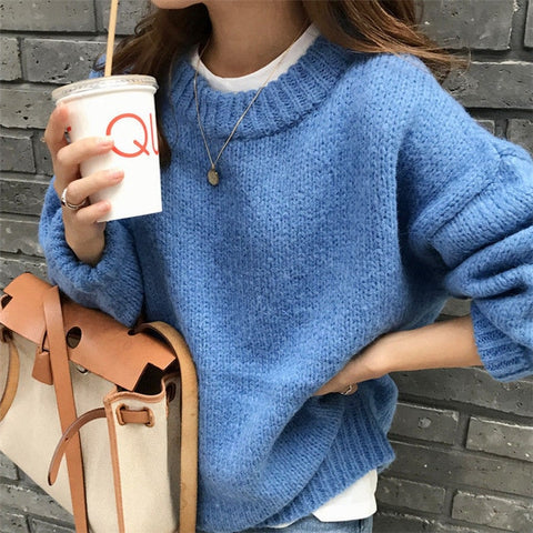 Sweater Women 2019 Autumn Winter Fashion Solid O Neck Pullover Sweaters Korean Style Knitted Long Sleeve Jumpers Casual Tops - RELEVAZA