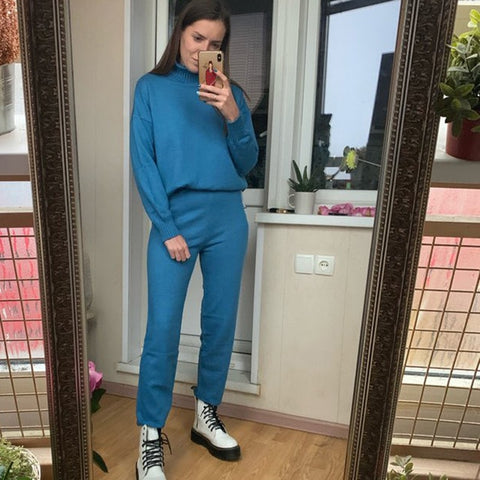 Casual Sweater Pants Knitted 2 Pieces Set Turtleneck Pullovers & Elastic Waist Pants Women Sweater Sets 2019 Autumn Knitted Set - RELEVAZA