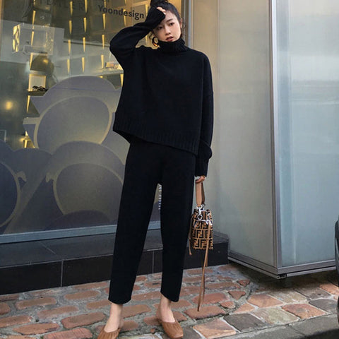 Casual Sweater Pants Knitted 2 Pieces Set Turtleneck Pullovers & Elastic Waist Pants Women Sweater Sets 2019 Autumn Knitted Set - RELEVAZA
