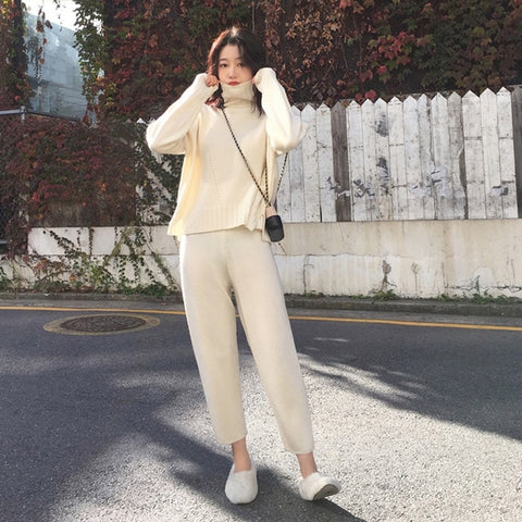 Casual Sweater Pants Knitted 2 Pieces Set Turtleneck Pullovers & Elastic Waist Pants Women Sweater Sets 2019 Autumn Knitted Set - RELEVAZA