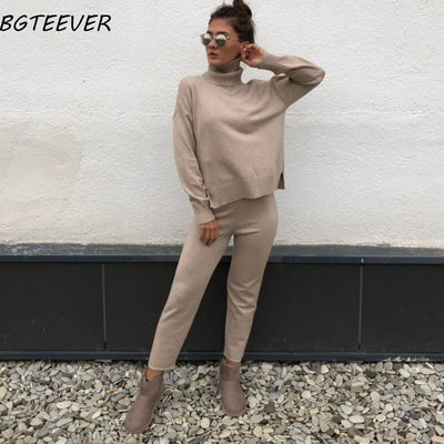Casual Sweater Pants Knitted 2 Pieces Set Turtleneck Pullovers & Elastic Waist Pants Women Sweater Sets 2019 Autumn Knitted Set - RELEVAZA