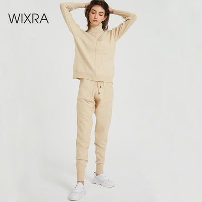 Wixra Women's Sweater Suits and Sets Turtleneck Long Sleeve Knitted Sweaters+Pockets Long Trousers 2PCS Sets Winter Costume - RELEVAZA