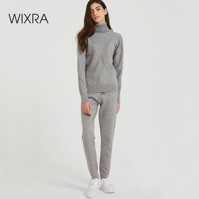 Wixra Autumn Winter Casual Knitted Women's Sets Turtleneck Long Sleeve Sweaters Lace-up Pants Solid Sets For Ladies - RELEVAZA