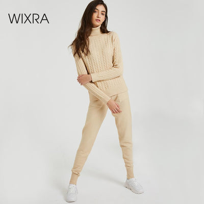 Wixra Knitted Women Sweater Sets Turtleneck Long Sleeve Sweaters Tops+Pockets Long Pants Solid 2 Pieces Suits Winter Costume - RELEVAZA