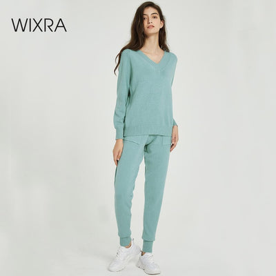 Wixra Sweater Suit and Sets Casual V Neck Sweaters Tops+Pockets Long Pants Solid Two Pieces Sets 2019 Autumn Winter - RELEVAZA