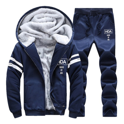 Tracksuit Men Sporting Fleece Thick Hooded Brand-Clothing Casual Track Suit Men Jacket+Pant Warm Fur Inside Winter Sweatshirt - RELEVAZA