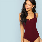 SHEIN Black V-Cut Front Bodysuit Sexy Straps Plain Skinny Sleeveless Bodysuits Women Autumn Stretchy Minimalist Bodysuits - RELEVAZA
