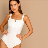 SHEIN Black V-Cut Front Bodysuit Sexy Straps Plain Skinny Sleeveless Bodysuits Women Autumn Stretchy Minimalist Bodysuits - RELEVAZA